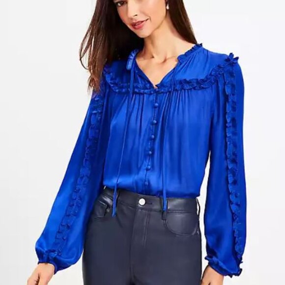NWT LOFT Blue Ruffle Tie Neck Button Blouse Size XS - Picture 1 of 10